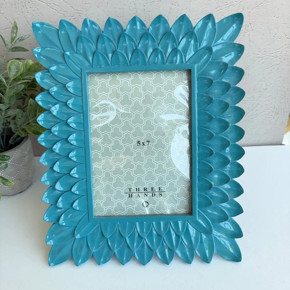 Three Hands Turquoise Metal Petal Leaf 5x7 Picture Frame Teal Glossy Rectangular